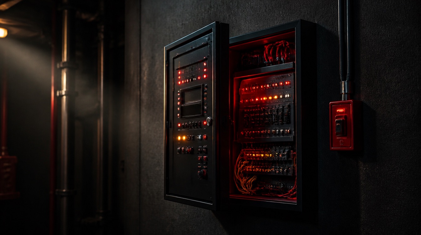 Fire alarm control panel in a mechanical room